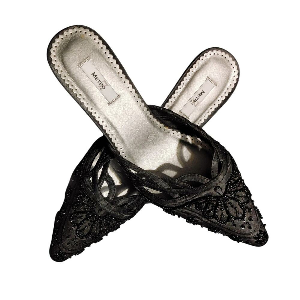 Metro 7 Womens Kitten Heel Mules Black Embellished Pointed Toe Size 6.5